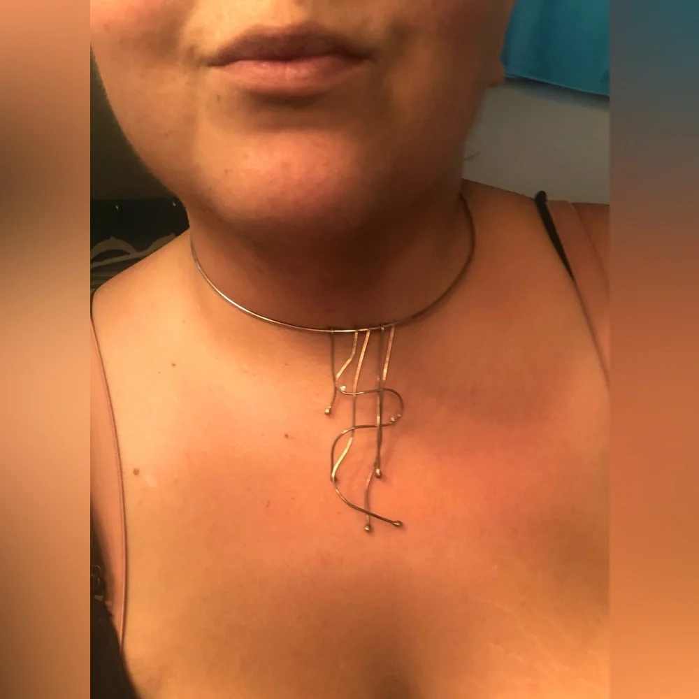 Antique Art Deco Sterling Silver Artisan Signed Collar Cuff Choker Drop Necklace - Picture 7 of 15